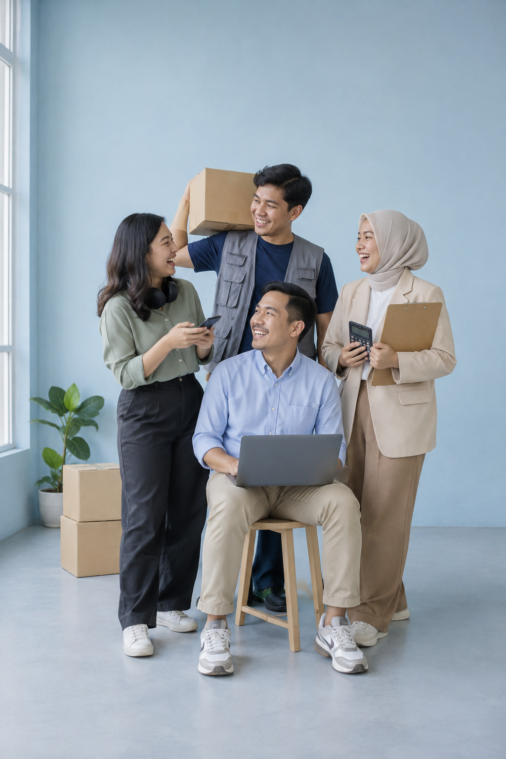 Tim karyawan gudang, keuangan, CS, admin, dan kasir tertawa bersama di ruangan