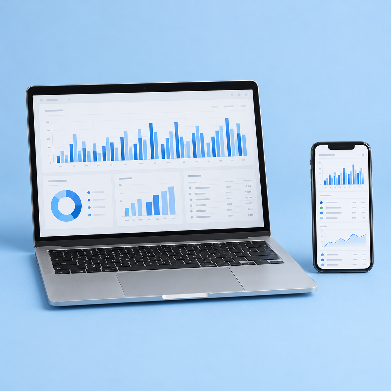 Laptop dan ponsel di meja dengan tampilan dashboard bisnis
