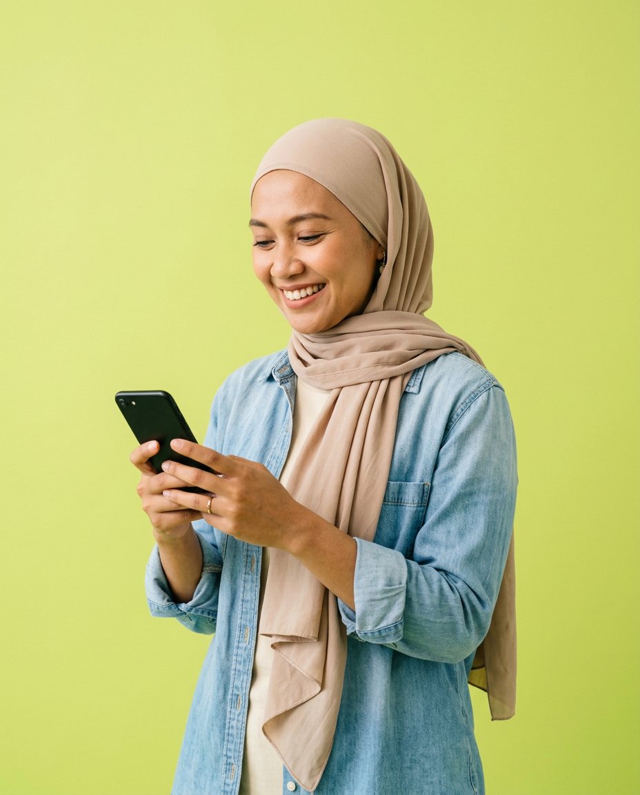Pemilik usaha tersenyum melihat ponselnya