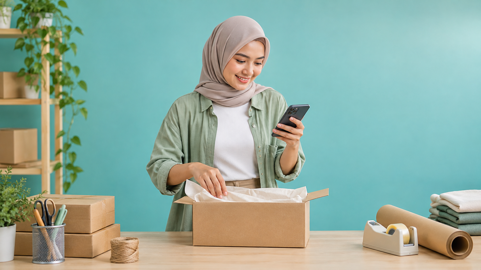 Seller menyiapkan paket sambil membalas chat pelanggan