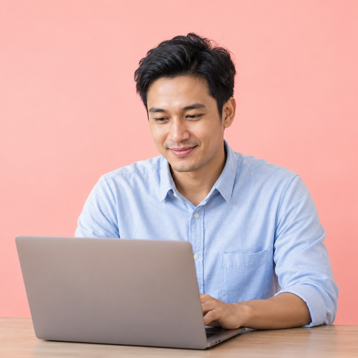 Pria bekerja dengan laptop di depan latar coral